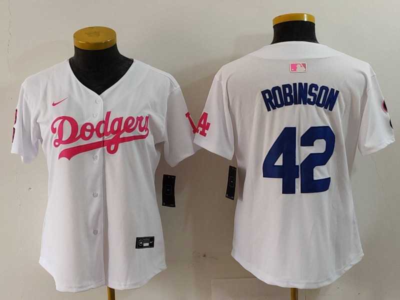 Women%27s Los Angeles Dodgers #42 Jackie Robinson White Pink With Patch Limited Stitched Jersey